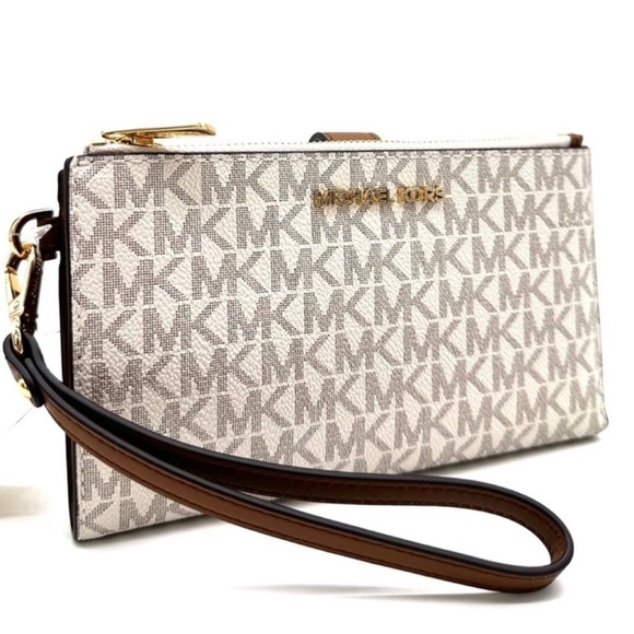 Michael Kors Large Double Zip Wallet Wristlet Vanilla/Brown - Picture 1 of 8